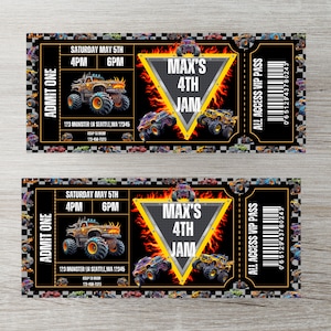 May include: A black and yellow monster truck party invitation with a monster truck graphic and the text "Max's 4th Jam" on a black background with a checkered pattern. The invitation includes the date and time of the party, "Saturday May 5th, 4PM - 6PM", and the address, "123 Monster Ln Seattle, WA 12345".