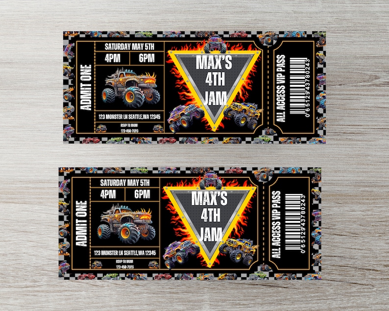 May include: A black and yellow monster truck party invitation with a monster truck graphic and the text "Max's 4th Jam" on a black background with a checkered pattern. The invitation includes the date and time of the party, "Saturday May 5th, 4PM - 6PM", and the address, "123 Monster Ln Seattle, WA 12345".