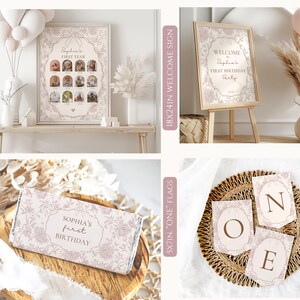 May include: A set of printable party decorations for a first birthday party. The decorations feature a pink and white floral design with the name "Sophia" and the text "First Birthday". The set includes a welcome sign, a milestone board, a chocolate bar wrapper, and one flags.