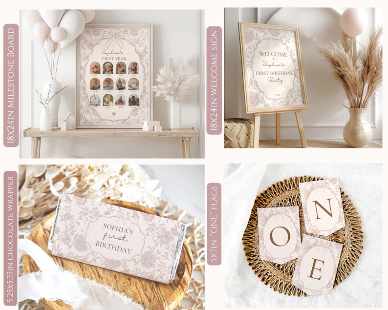 May include: A set of printable party decorations for a first birthday party. The decorations feature a pink and white floral design with the name "Sophia" and the text "First Birthday". The set includes a welcome sign, a milestone board, a chocolate bar wrapper, and one flags.