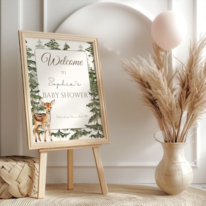 Oh cervo è quasi arrivato baby shower cartello di benvenuto, cartello baby shower cervo, baby shower boscoso, decorazioni per feste nella foresta, modello MODIFICABILE, Canva