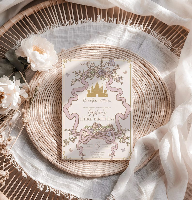 K&ouml;nnte beinhalten: Eine Geburtstagseinladung mit M&auml;rchenmotiv. Sie zeigt ein goldenes Schloss, rosa B&auml;nder und florale Akzente. Der Text lautet "One Upon a Time... Sophia's Third Birthday". Die Einladung liegt auf einem geflochtenen Platzset mit Blumen.