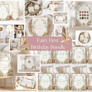 May include: A printable fairy first birthday party bundle featuring a green and brown colour scheme. The bundle includes a welcome sign, food and drink signs, a guest book sign, a custom sign, a cards and gifts sign, a dessert table sign, a photo booth sign, and a cupcake topper. The bundle also includes a printable invitation, a printable thank you card, and a printable banner. The bundle is perfect for a fairy-themed first birthday party.