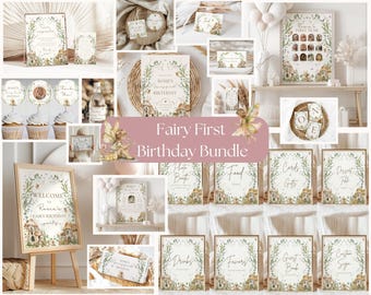 My fairy first birthday party Bundle,enchanted 1st birthday decor,fairy birthday,whimsical girl birthday decor,EDITABLE template,canva