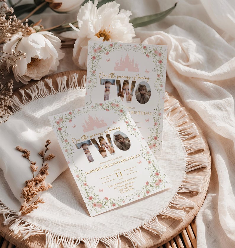 May include: Two birthday invitations with a princess theme. The invitations feature a pink castle, floral accents, and the word "TWO" with photos inside. The text reads "Our little princess is turning TWO" and "Sophie's Second Birthday."