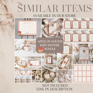 May include: A collection of baby shower stationery and signage featuring a red gingham border and apple illustrations. The set includes a calendar, welcome sign, food labels, favor tags, and various game cards with the text Apple of Our Eye.