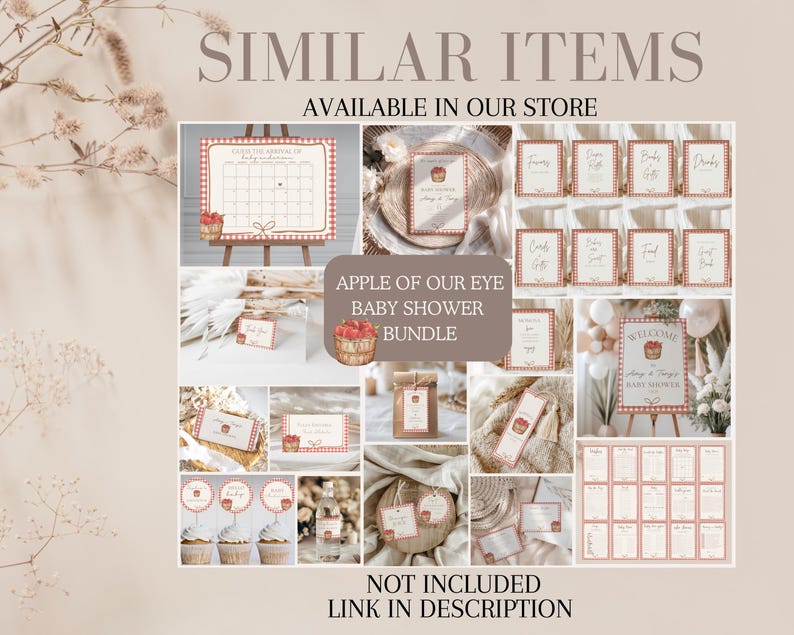 May include: A collection of baby shower stationery and signage featuring a red gingham border and apple illustrations. The set includes a calendar, welcome sign, food labels, favor tags, and various game cards with the text Apple of Our Eye.