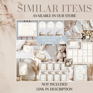 May include: A collection of printable baby shower decorations featuring a goose theme. The designs include a calendar, a sign that says "A New Silly Goose Baby Shower Bundle", and several other signs with floral and goose illustrations. The text "Not Included Link in Description" is also visible.