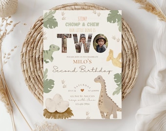 Dinosaur Birthday photo Invitation,Dino theme second birthday,Stomp Chomp Chew 2nd Birthday,Editable Dino Birthday Template,Printable Invite