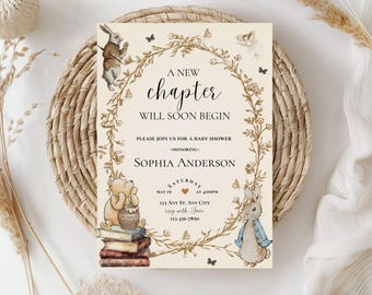 A new chapter will soon begin baby shower invitation,new chapter baby shower invite,books themed baby shower invite,EDITABLE template,Canva