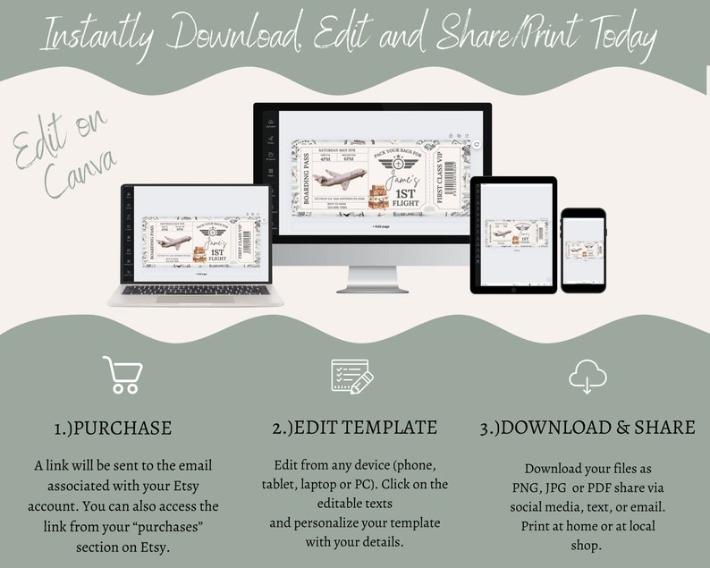 May include: A digital illustration showing how to edit and download a printable airplane themed boarding pass template. The template is shown on a computer, tablet, and phone. The text on the template says "Tame's 1st Flight".