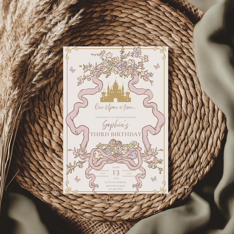 K&ouml;nnte beinhalten: Eine cremefarbene Geburtstagseinladung mit M&auml;rchenmotiv. Die Einladung zeigt ein goldenes Schloss, rosa B&auml;nder und florale Akzente. Der Text enth&auml;lt "One Upon a Time" und "Sophia's Third Birthday". Schmetterlinge und dekorative Verzierungen runden das Design ab.