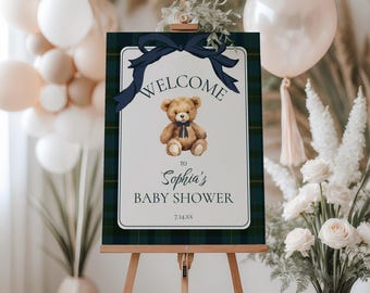 Panneau de bienvenue modifiable pour baby shower Polo Teddy, plaid classique neutre en matière de genre, tartan équestre, ours en peluche Lauren, modèle modifiable, toile