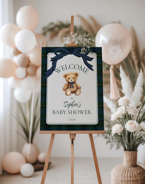 Polo Teddy Baby Shower Editable Welcome Sign,Gender Neutral Classic Plaid,Tartan Equestrian,Lauren Teddy Bear,Editable template,Canva