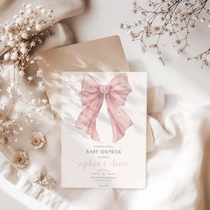 Rosa Bogen Babypartyeinladung, Bogen Themen-Babypartyeinladung, Mädchen-Babyparty einladen, rosa Kokette einladen, EDITIERBARE Vorlage, Canva