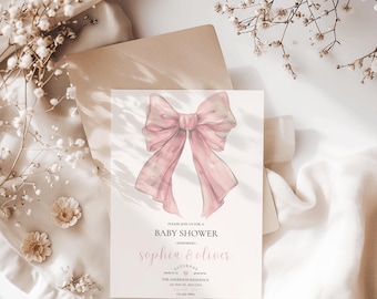 Pink bow baby shower invitation,bow themed baby shower invitation,girl baby shower invite,coquette pink invite,EDITABLE template,Canva