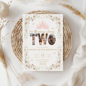 May include: A custom invitation for a second birthday celebration. The design features a pink castle, floral accents, and the text "Our little princess is turning TWO." Includes event details and a photo of the child.