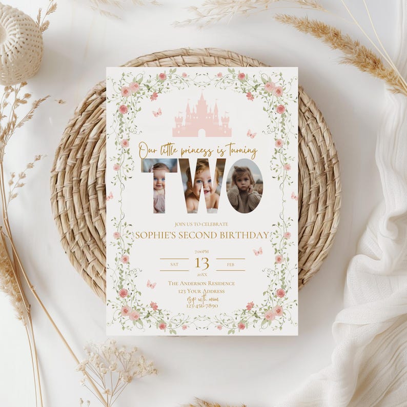 May include: A custom invitation for a second birthday celebration. The design features a pink castle, floral accents, and the text "Our little princess is turning TWO." Includes event details and a photo of the child.