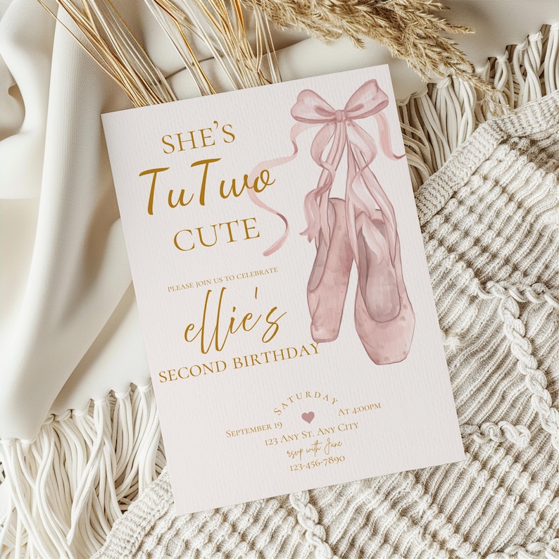 She’s tuTWO cute birthday party invitation,tutu birthday invite,Ballerina birthday party invitation,second birthday invite,EDITABLE template image 1