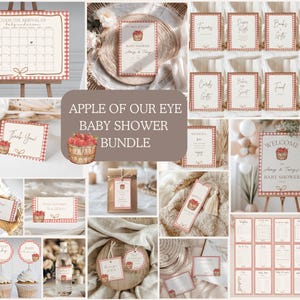 May include: A collection of baby shower decorations with a red and white gingham pattern and apple illustrations. Includes signs, invitations, cupcake toppers, and a calendar. The text reads "Apple of Our Eye Baby Shower Bundle."