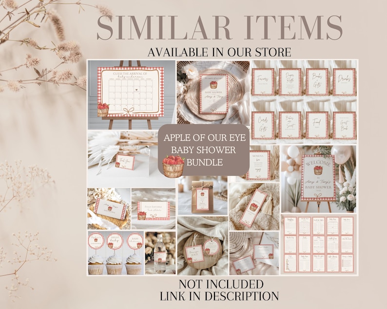 May include: A collection of baby shower decorations with a red and white gingham apple theme. The items include signs, cupcake toppers, and a calendar. The text on the image says "Apple of Our Eye Baby Shower Bundle".