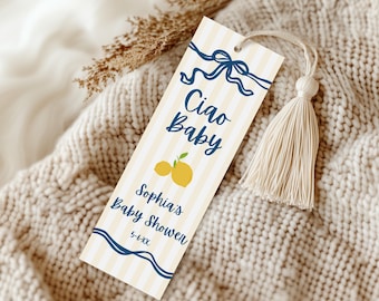Ciao Baby Lemon Babyparty Lesezeichen, italienische Babyparty, bearbeitbare Vorlage, geschlechtsneutrale Babyparty Gastgeschenk, Bambino Bambina, Canva