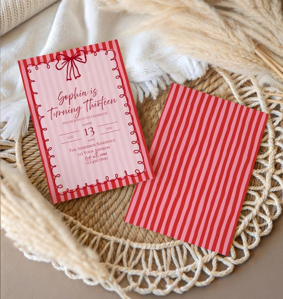 Pink and red stripes birthday party invitation,coquette birthday invite,girls birthday invite,customizable invite,EDITABLE TEMPLATE,Canva