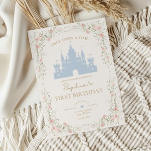 Er was eens een verjaardagsfeestuitnodiging, uitnodiging voor de eerste verjaardag van een meisje, uitnodiging voor een prinsessenverjaardagsfeestje, 1e verjaardag, BEWERKBARE SJABLON, Canva