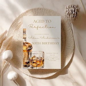 Aged to perfection birthday party invitation,man birthday party invite,whiskey glass invite,liquor birthday invite,EDITABLE template,Canva