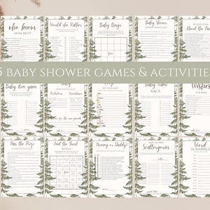 May include: A collection of 15 printed baby shower game cards featuring a forest theme with green pine tree illustrations on the sides. The cards include titles like Who Knows Mom Best, Baby Bingo, Baby Name Race, and Word Scramble in black text.