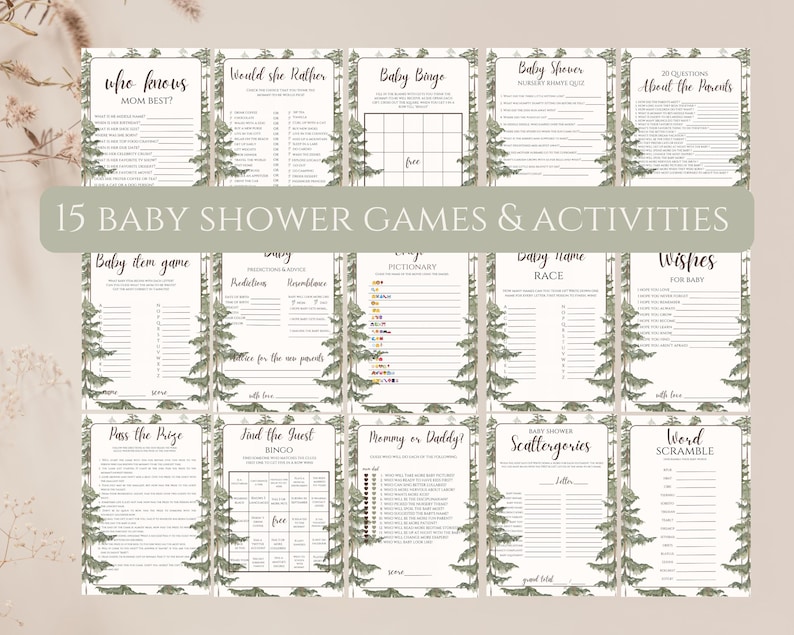 May include: A collection of 15 printed baby shower game cards featuring a forest theme with green pine tree illustrations on the sides. The cards include titles like Who Knows Mom Best, Baby Bingo, Baby Name Race, and Word Scramble in black text.
