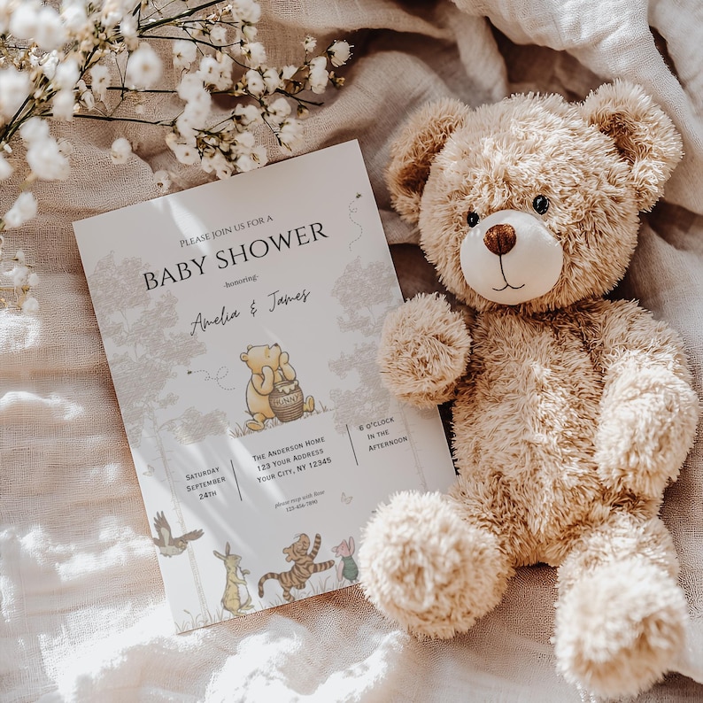 Editable retro Winnie The Pooh Invitation,Gender Neutral Baby Shower invite,Winnie Pooh Baby Shower invitation, boho baby shower invite image 2