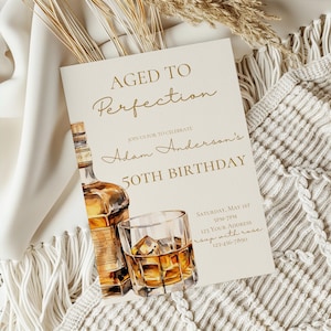 Aged to perfection birthday party invitation,man birthday party invite,whiskey glass invite,liquor birthday invite,EDITABLE template,Canva