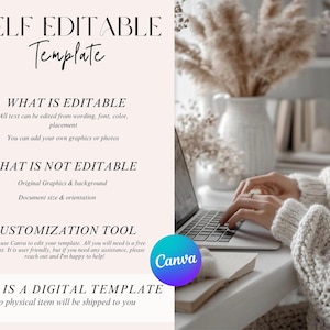 May include: A digital template information sheet with text reading SELF EDITABLE Template, WHAT IS EDITABLE, WHAT IS NOT EDITABLE, CUSTOMIZATION TOOL, and THIS IS A DIGITAL TEMPLATE. A blue Canva logo is visible alongside text details.