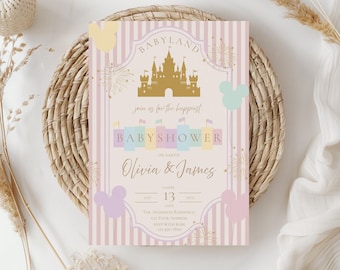 May include: A baby shower invitation with a castle design in gold, pastel pink and mint green. The invitation includes the text "BABYLAND" and "BABYSHOWER" with the names "Olivia & James". The invitation is decorated with Mickey Mouse silhouettes.