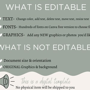 Op de afbeelding: Een groene en witte afbeelding met de tekst "WHAT IS EDITABLE" en "WHAT IS NOT EDITABLE". De afbeelding geeft aan wat er in een digitale sjabloon kan worden bewerkt en wat niet. De tekst "This is a digital template" en "No physical item will be shipped to you" is ook opgenomen.