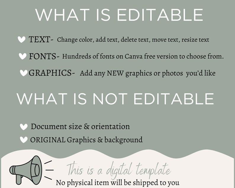 Op de afbeelding: Een groene en witte afbeelding met de tekst "WHAT IS EDITABLE" en "WHAT IS NOT EDITABLE". De afbeelding geeft aan wat er in een digitale sjabloon kan worden bewerkt en wat niet. De tekst "This is a digital template" en "No physical item will be shipped to you" is ook opgenomen.