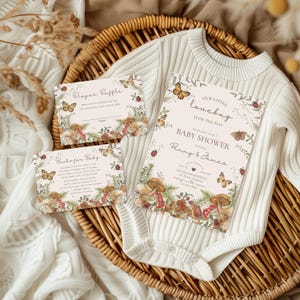 Un piccolo insetto dell'amore è in arrivo, invito per baby shower, baby shower in giardino, baby shower con coccinella e insetto di genere neutro, modello modificabile