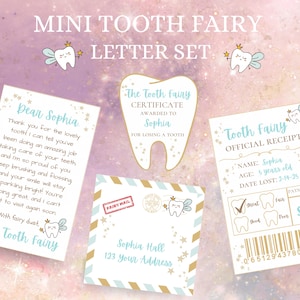 Mini juego de cartas del Hada de los Dientes con sobre, recibo y certificado del Hada de los Dientes, carta personalizable y neutra del Hada de los Dientes, editable, Canva