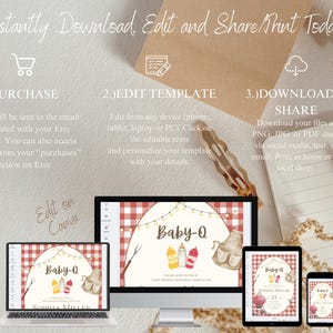 Op de afbeelding: Bewerkbare digitale uitnodigingstemplate voor een babyshower met een rood-witte ruitjesachtergrond, een cartoonillustratie van een babyslabbetje en een barbecue, en de tekst "Baby-Q".