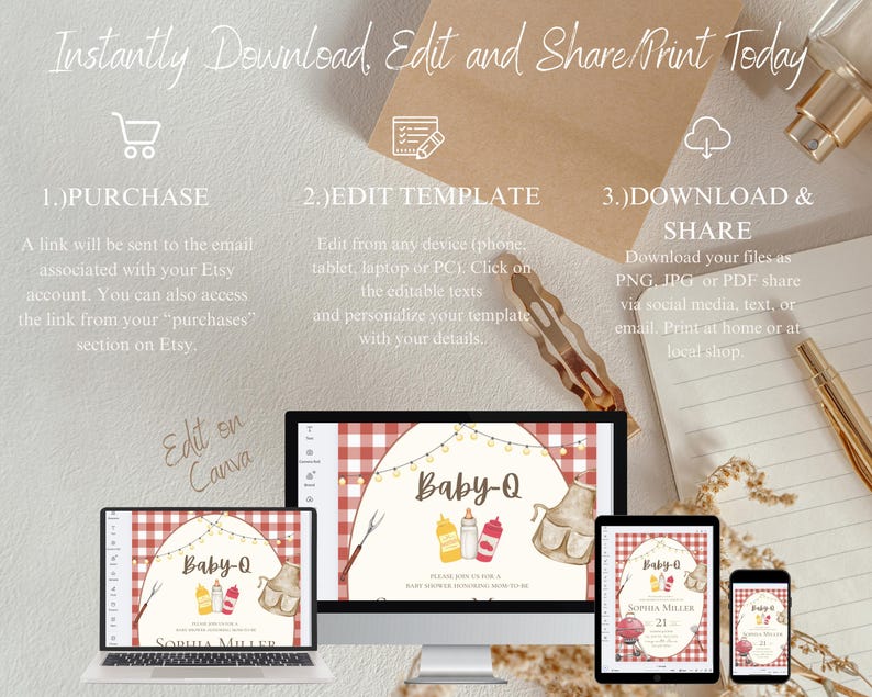 Op de afbeelding: Bewerkbare digitale uitnodigingstemplate voor een babyshower met een rood-witte ruitjesachtergrond, een cartoonillustratie van een babyslabbetje en een barbecue, en de tekst "Baby-Q".