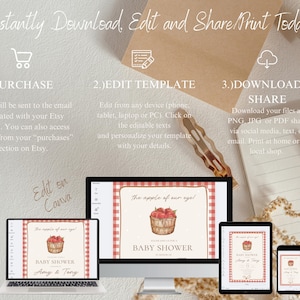 May include: A digital baby shower invitation template with a red and white gingham border, featuring a basket of apples. The invitation is displayed on a laptop, desktop, tablet, and phone. Text includes "The apple of our eye!" and "Baby Shower".