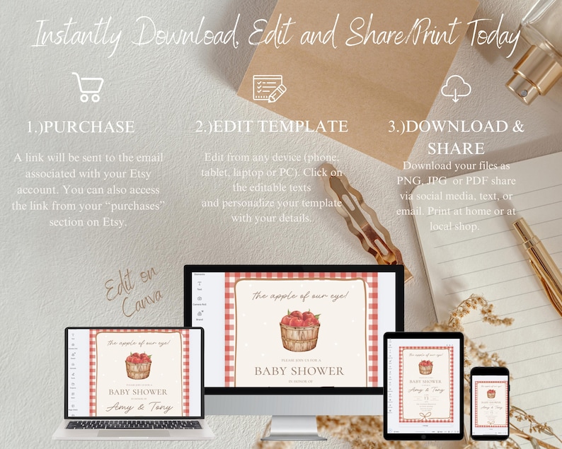 May include: A digital baby shower invitation template with a red and white gingham border, featuring a basket of apples. The invitation is displayed on a laptop, desktop, tablet, and phone. Text includes "The apple of our eye!" and "Baby Shower".