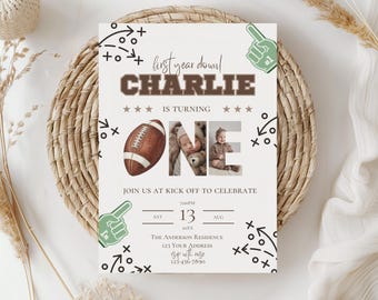Invitation de première fête d'anniversaire de football, invitation d'anniversaire sur le thème du football de garçon, invitation de première année en bas, invitation de sport, modèle modifiable, toile