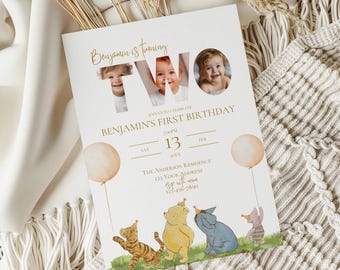 Invitación retro para segundo cumpleaños de Winnie the Pooh, invitación para segundo cumpleaños de género neutro, invitación con temática de Winnie the Pooh, plantilla editable, Canva