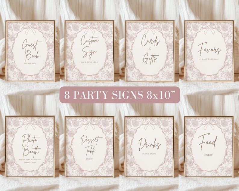 May include: Eight printable 8x10 inch party signs with a pink and white lace design. The signs include the text: Guest Book, Custom Sign, Cards & Gifts, Favors, Photo Booth, Dessert Table, Drinks, and Food.