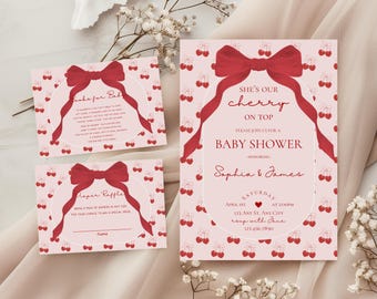 She’s the cherry on top baby shower invitation suite,cherry on top invite,editable template,girl baby shower,neutral,editable template,canva