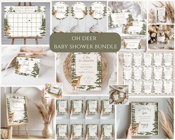 Oh deer he’s almost here baby shower bundle,deer baby shower party bundle,woodland baby shower,forest theme bundle,EDITABLE template,Canva