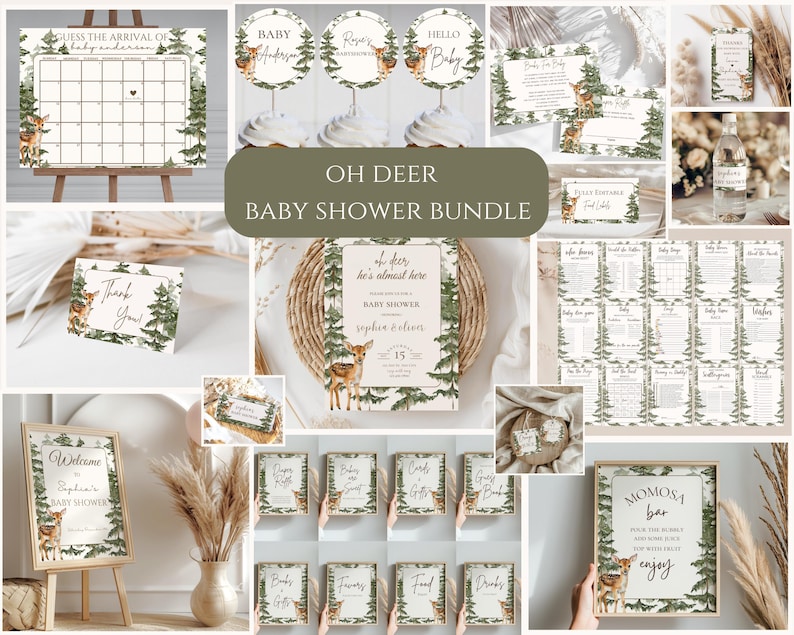 May include: A baby shower stationery bundle featuring a woodland theme with deer and pine tree illustrations. The set includes a calendar, cupcake toppers, thank you cards, signs, and game cards with text such as Oh Deer, Welcome, and Momosa Bar.