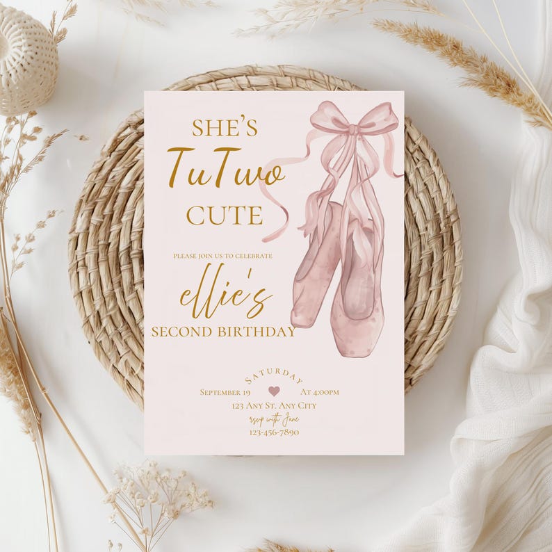 She’s tuTWO cute birthday party invitation,tutu birthday invite,Ballerina birthday party invitation,second birthday invite,EDITABLE template image 3